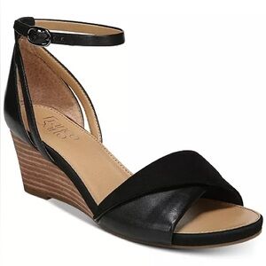 Franco Sarto Black Suede Wedge Sandals with Tan Insole